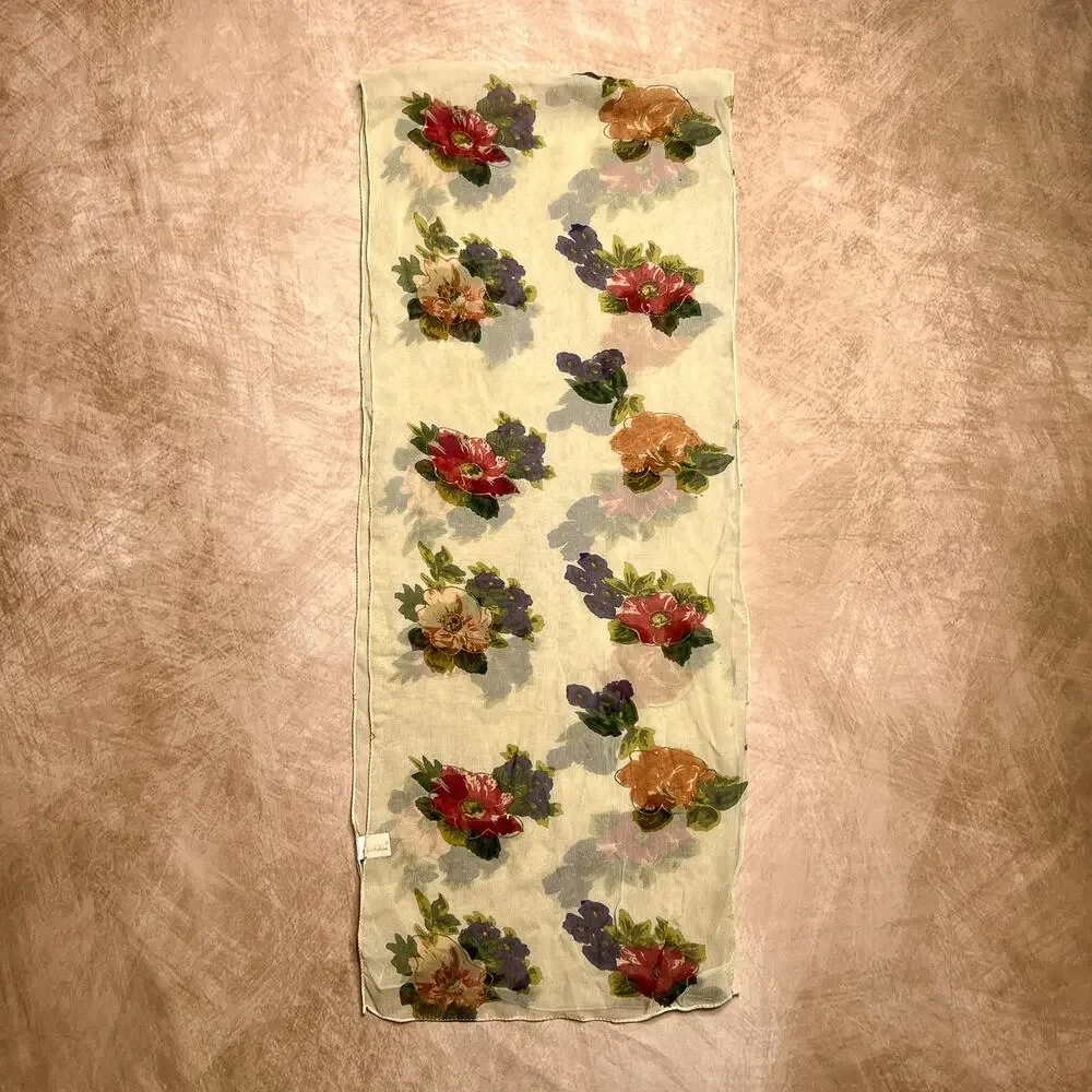 Vintage 90s Berkshire Floral Mesh Scarf Neckerchief Ascot Sheer Retro Mod Boho